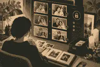 Family review workspace for private restored memorial photos