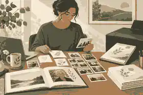 Family reviewing tributes before memorial printing