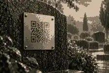 qr codes fade in rain: Rain on a small QR memorial plaque beside a granite headstone