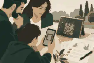 Family testing a QR memorial plaque before cemetery approval