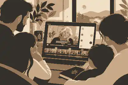Family reviewing a captioned memorial video before sharing