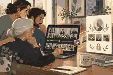 Family reviewing a funeral recording for a memorial