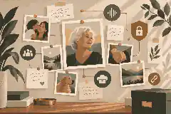 Memory wall with photographs notes and voice memories