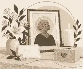 set up a funeral donation page: Donation note beside a framed photograph and flowers