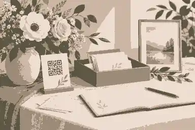 Memorial table with flowers, messages and a discreet QR card