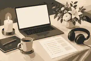 set up a virtual memorial: Laptop with candle and funeral livestream run sheet