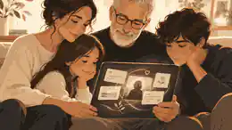 share digital memories with family: Family reviewing private memorial guestbook messages
