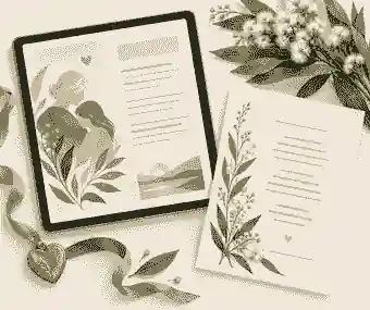 Printed funeral poem beside a tablet with a digital memorial layout