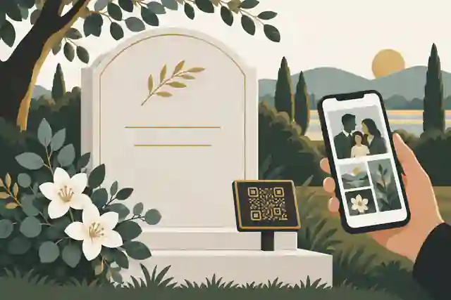 QR memorial plaque beside a short headstone quote