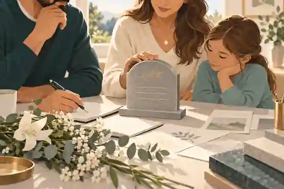 Family reviewing headstone wording and care notes