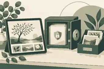 Private memorial screen beside a protected document vault