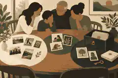 Family sorting public memories and private records at a table