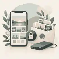 Phone memorial page beside secure archive and backup drive