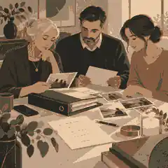 Family organising papers and photographs after a death