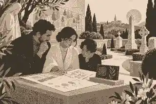 Family reviewing a QR memorial plaque before cemetery approval