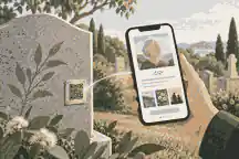 Phone opening a memorial page from a discreet headstone QR plaque