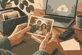 Family story prompt beside an old memorial photograph