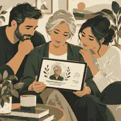 Family reviewing a private memorial draft with an AI disclosure note