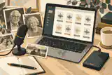 Labeled family audio files and scanned photographs on a laptop