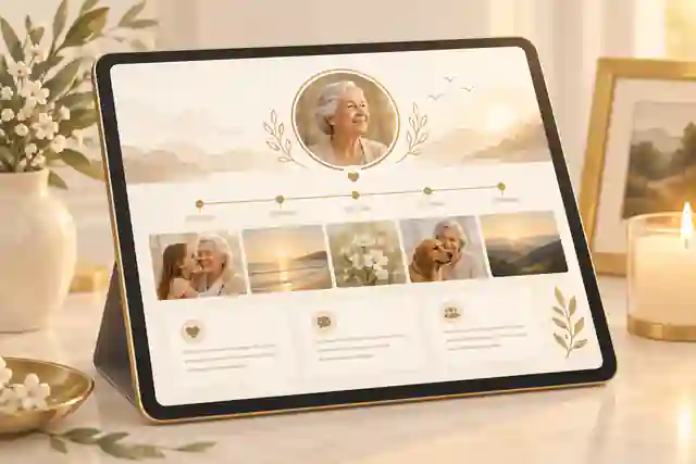 what belongs in a modern digital tribute profile: Digital tribute profile with photos, dates and story cards