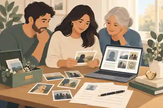 Family reviewing tribute wording and memorial photographs
