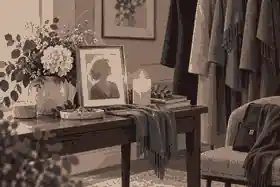 Muted memorial table with guests dressed in quiet non-black colours