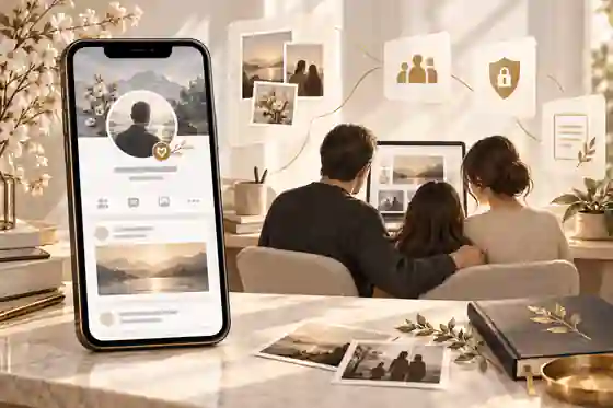 what happens to facebook when you die: Phone beside a private memorial workspace for Facebook after-death planning