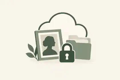 Secure cloud photo archive with a lock and framed portrait