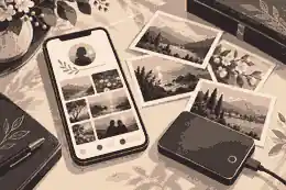 Phone showing a memorial beside printed photos and a backup drive
