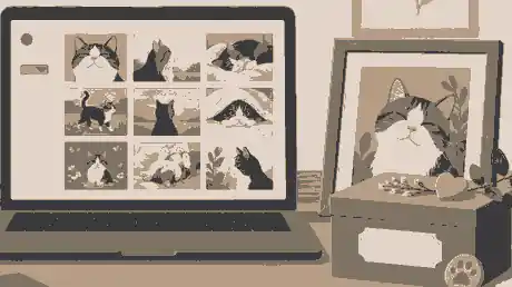 Organized digital pet photo archive beside a framed cat portrait