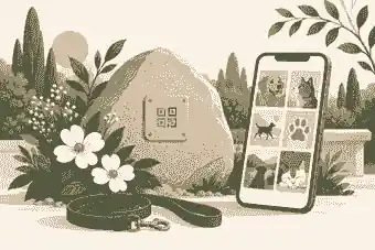 Garden stone with QR plaque linking to pet memories