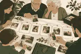 Family photographs arranged into a labelled memory timeline