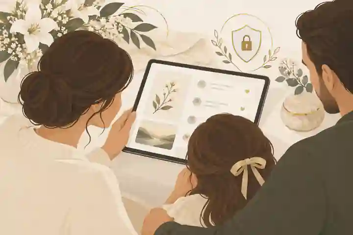what should a secure family guestbook include: Family reviewing a secure digital guestbook