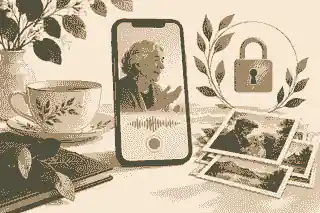 Phone recording a family story beside old photographs