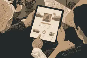 Family reviewing a private online memorial announcement