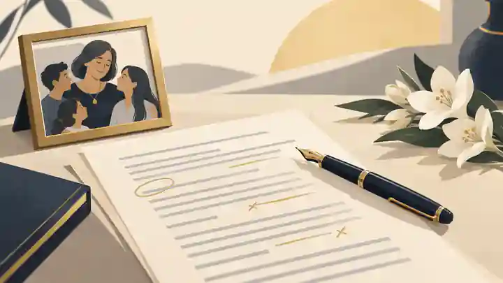 Obituary draft with pen, framed photograph and white flowers