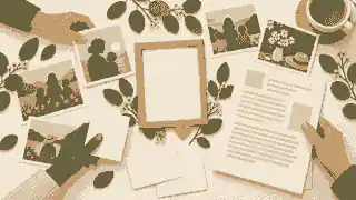 Family arranging photographs and memories around an obituary draft