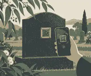 QR plaque on a headstone with phone scan