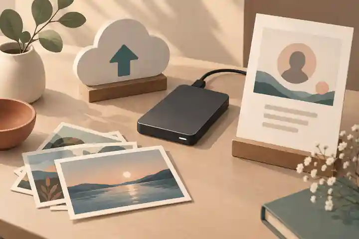 Memorial archive backups beside family photographs