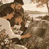 Family reviewing plaque wording and memorial photos
