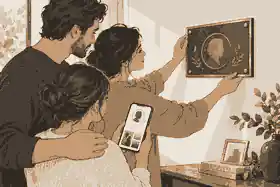 Family reviewing QR-linked plaque wording