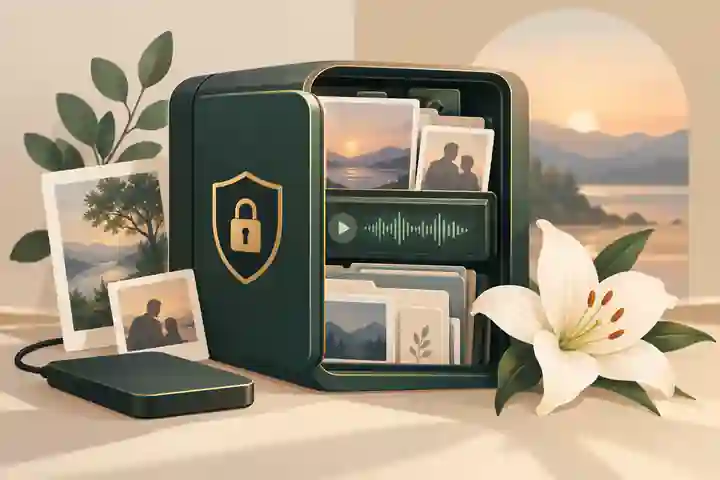 Secure memory archive with photos audio and backups