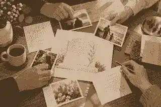 Family reviewing memorial wording and photographs