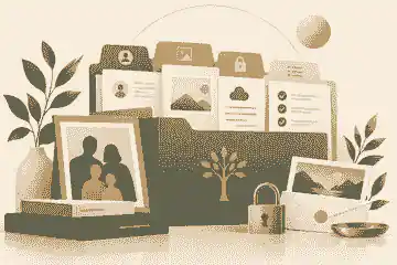 digital inheritance platforms: Layered digital inheritance folders with a family photo and privacy lock