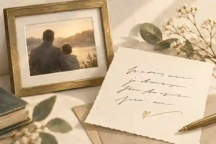 loss of father quotes: Handwritten father memorial quote beside a photograph