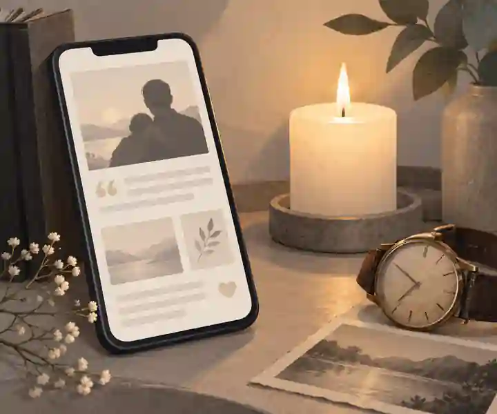 Digital father memorial page beside a candle