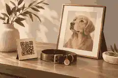 QR pet plaque beside collar and photograph