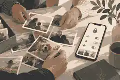 Family sorting photographs with private sharing controls