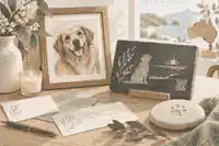 Pet memory table with tribute cards and QR plaque