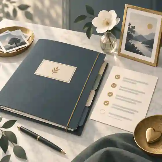 prepare before creating a memorial page: Verified memorial details folder beside a flower